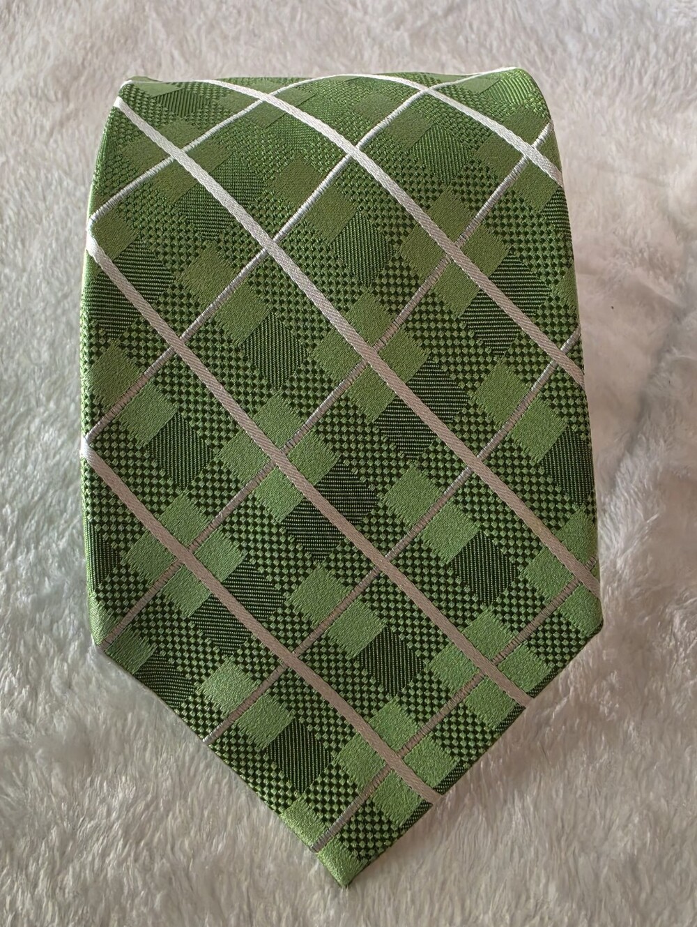 Stafford Green Plaid Silk Tie with Silver Windowpane